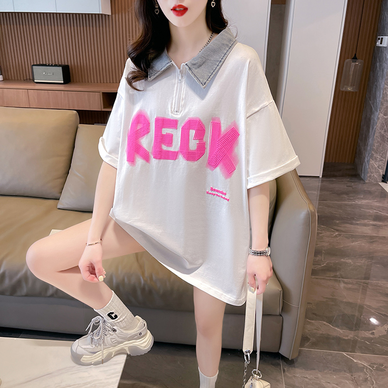 實拍2024夏季印花字母POLO領大碼寬鬆百搭上衣T恤女