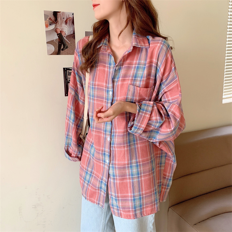 Actual shot of the new Korean chic niche chic plaid loose and versatile thin breathable sun protection shirt long-sleeved jacket