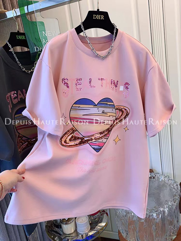 大碼超好看愛心圓領短袖T恤上衣女裝德絨磨毛加厚寬鬆春季