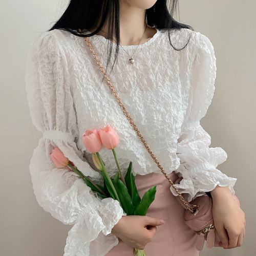 韩国chic春季法式气质圆领泡泡皱褶设计宽松休闲百搭灯笼袖衬衫女