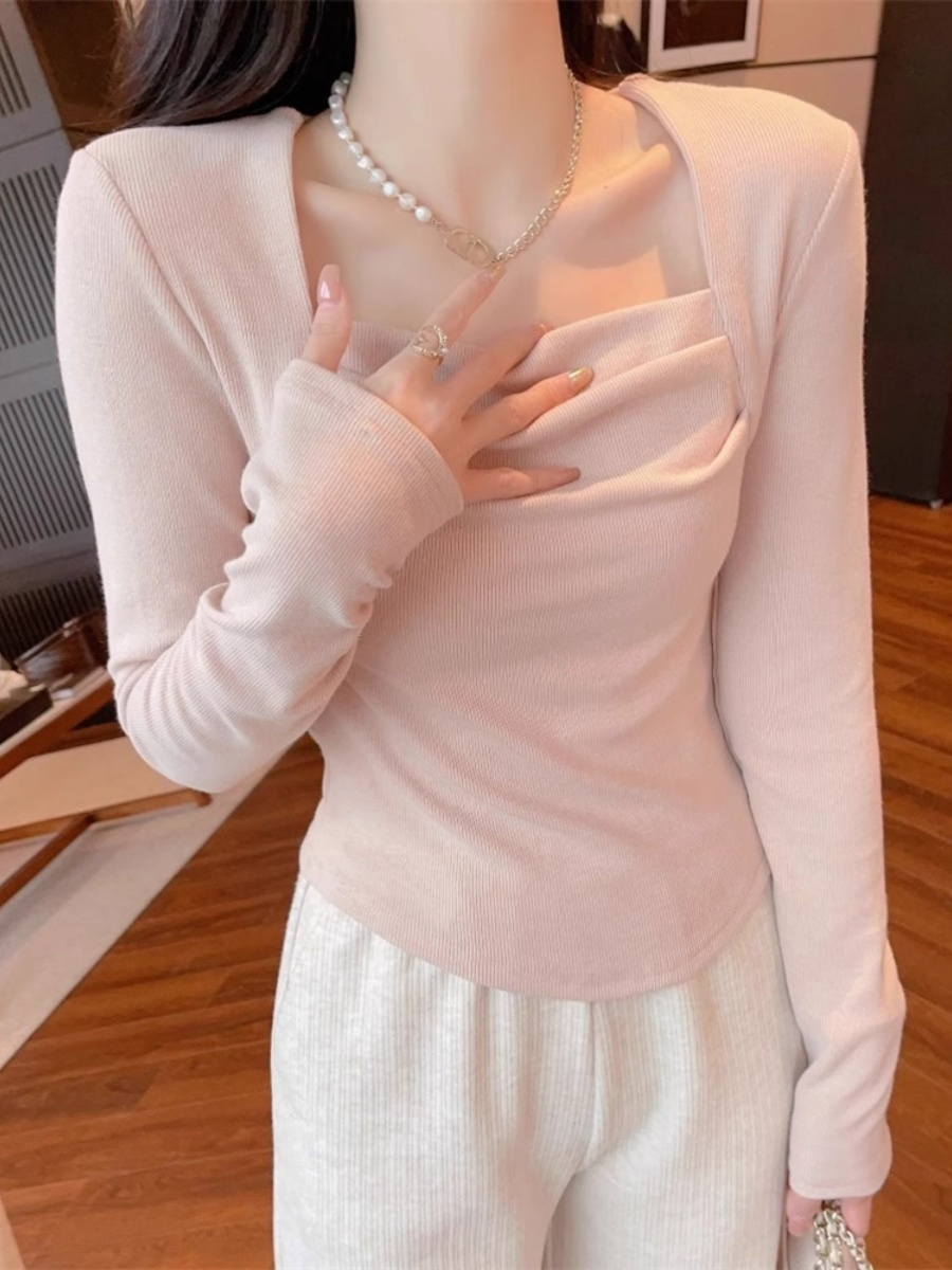 純欲方領褶皺鎖骨修身打底衫上衣女春秋小眾設計感內搭長袖T恤潮