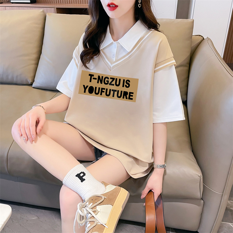 首發實拍斜紋拉架假兩件短袖T恤女夏新款寬鬆上衣潮牌質量