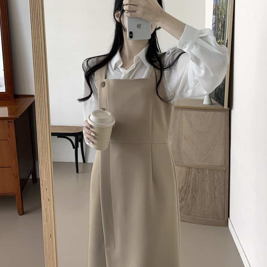 尺碼更新韓國chic春日新款 吊帶裙排扣方領開叉背帶連衣裙