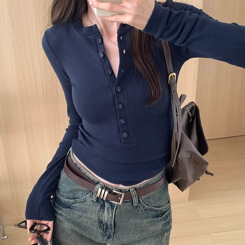 High-end t-shirt for women, unique half-open collar top, spring and autumn tight-fitting hot girl long-sleeved bottoming shirt for inner wear