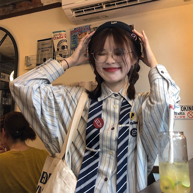 條紋襯衫女2024春秋學院風寬鬆古着vintage感學生領帶襯衣閨蜜裝