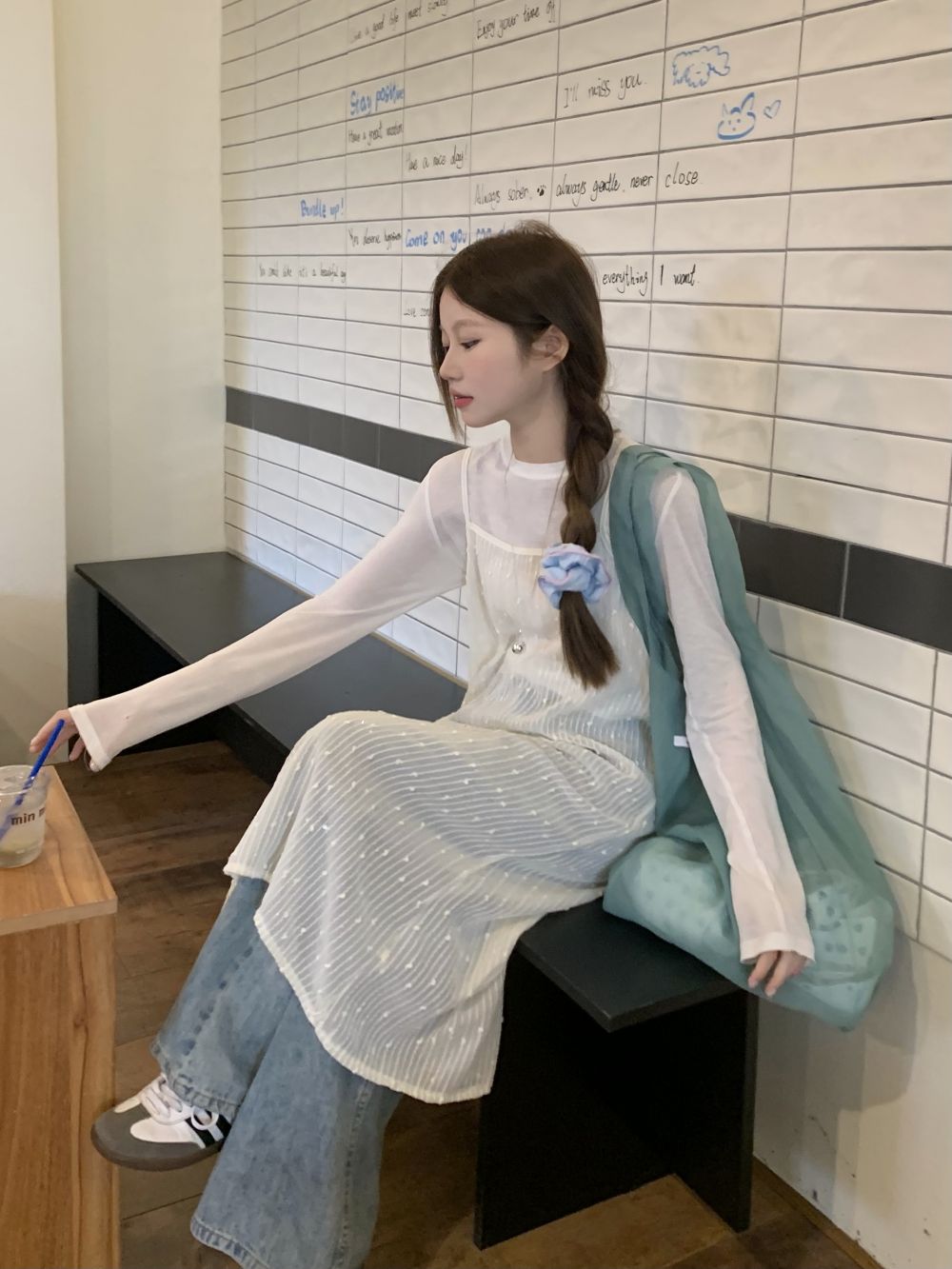 實拍三標齊減齡簡約豎條開叉吊帶裙連衣裙女疊穿微透長袖打底