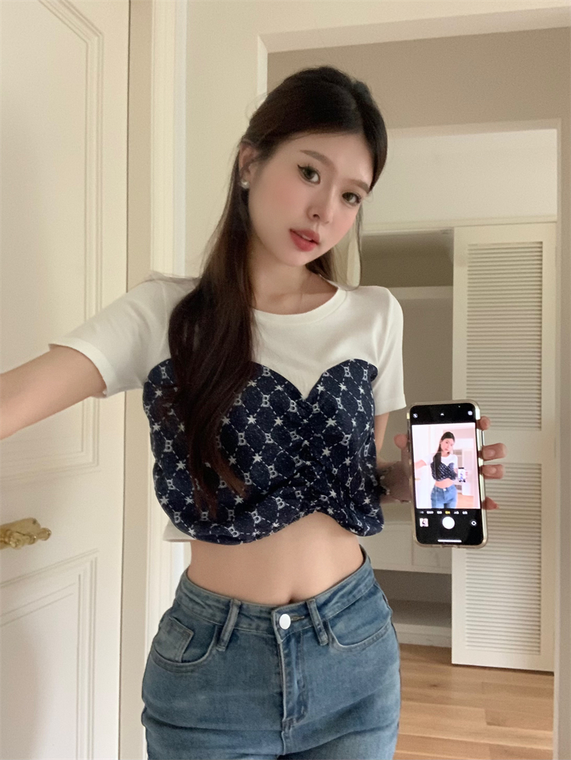 實拍 夏季新款設計感拼接牛仔藍小眾短袖針織衫短款T恤上衣