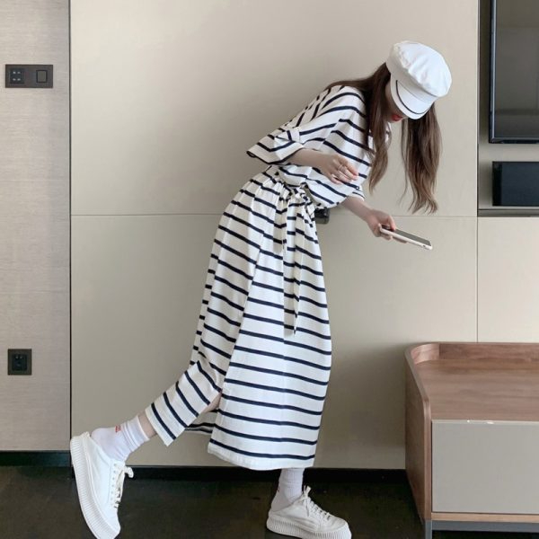韓版短袖收腰顯瘦連衣裙遮肚大碼女裝條紋長裙過膝T恤腰帶裙