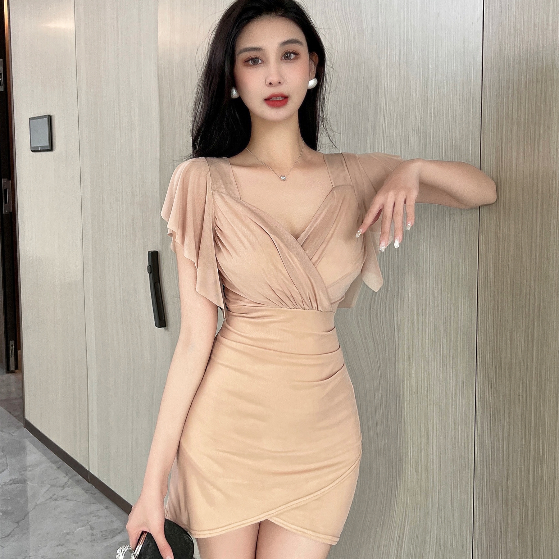 Real shot of sexy ruffled flying sleeves low-cut butt-covering dress nightclub overalls