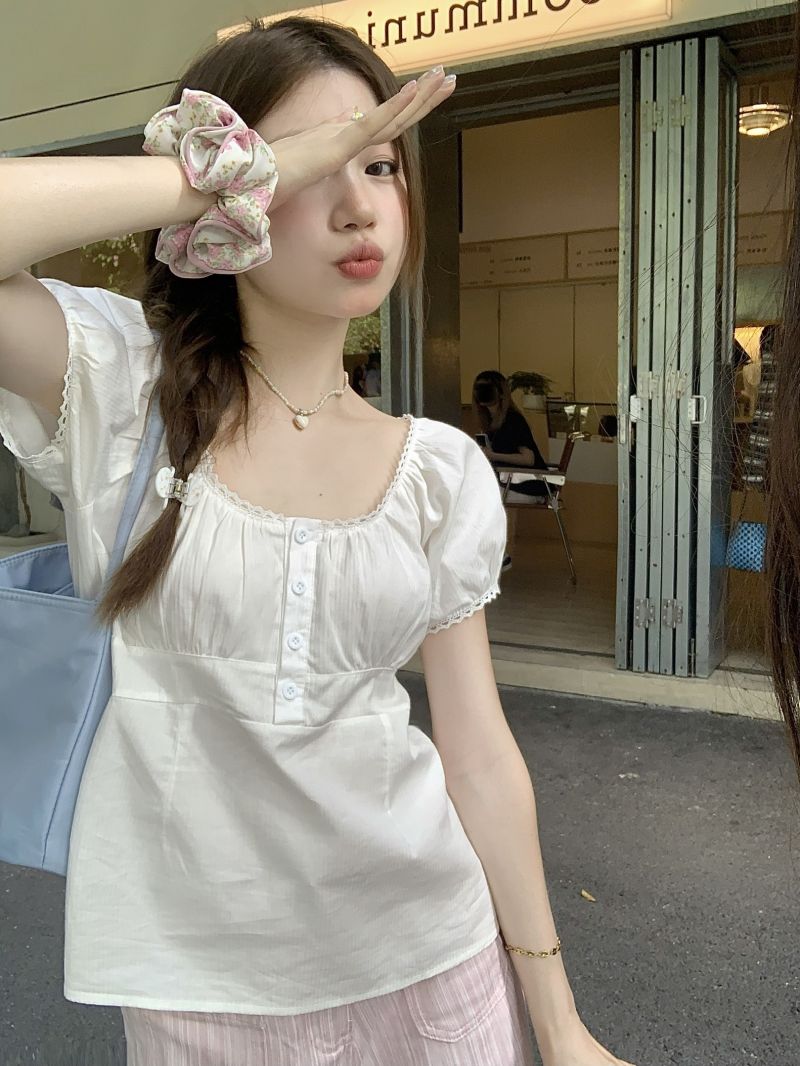 實拍三標齊小個子溫柔風氣質白色拼接襯衫上衣女