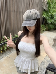 Real shot, pure desire spicy girl niche lace spliced slim-fit bustier short top sexy tube top blouse for women