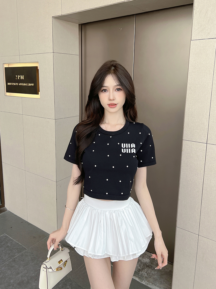 辣妹字母燙鑽圓領短袖T恤女網紅復古修身顯瘦露臍短款高腰上衣潮