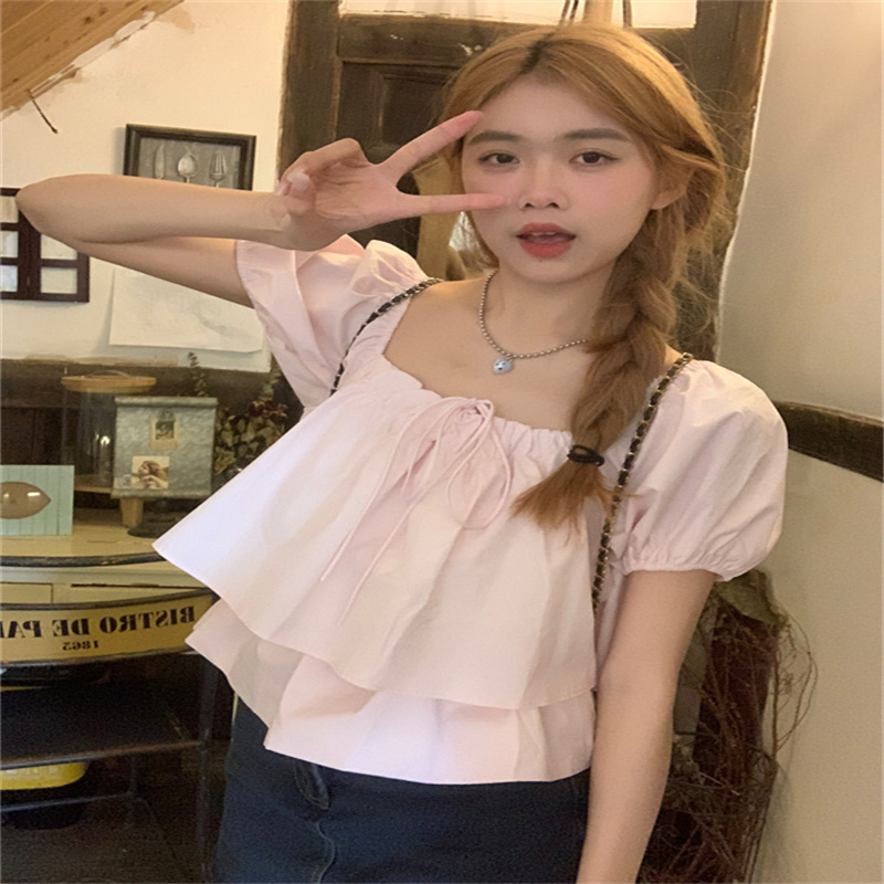 甜辣減齡泡泡袖襯衣2024早春新款粉色小衫女裝洋氣娃娃衫襯衫上衣