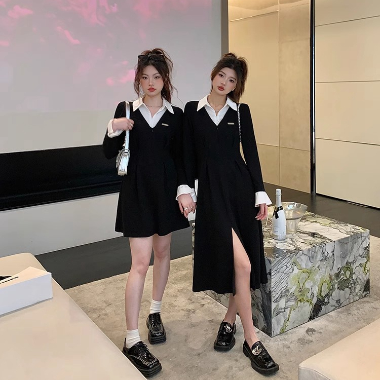 法式拼接春秋新款顯瘦小眾設計感襯衫領小黑裙氣質閨蜜連衣長裙女
