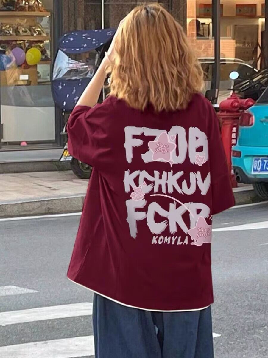 美式復古高街短袖t恤女款夏季酒紅色oversize純棉寬鬆半袖上衣潮
