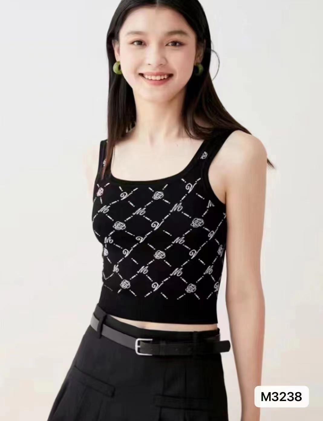 夏季新款原宿港風方領菱形提花百搭背心