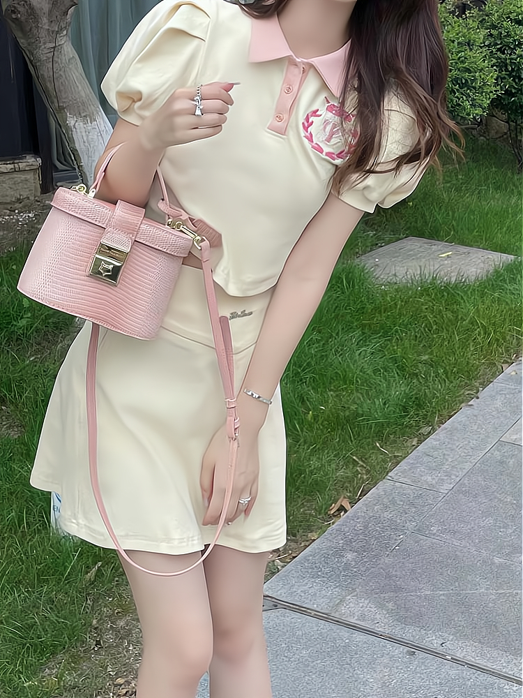 Summer breast style hot girl pure desire college style puff sleeve polo collar top A-line skirt two-piece set