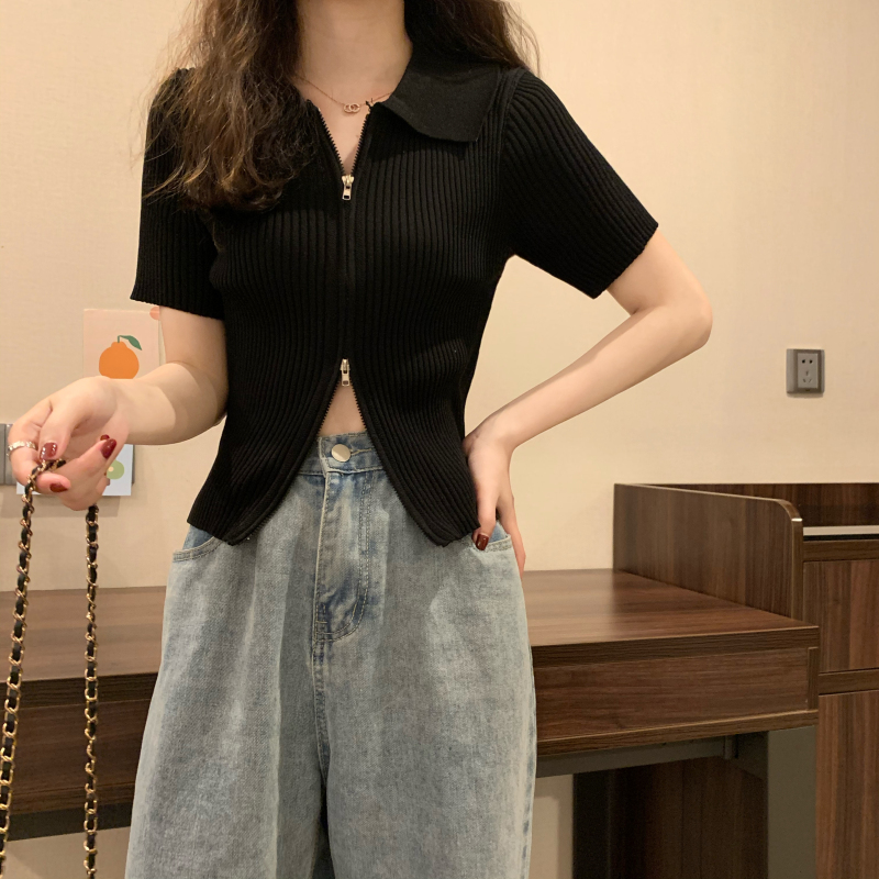 實拍~夏季韓版百搭修身雙拉鏈開衫顯瘦洋氣短款針織短袖上衣
