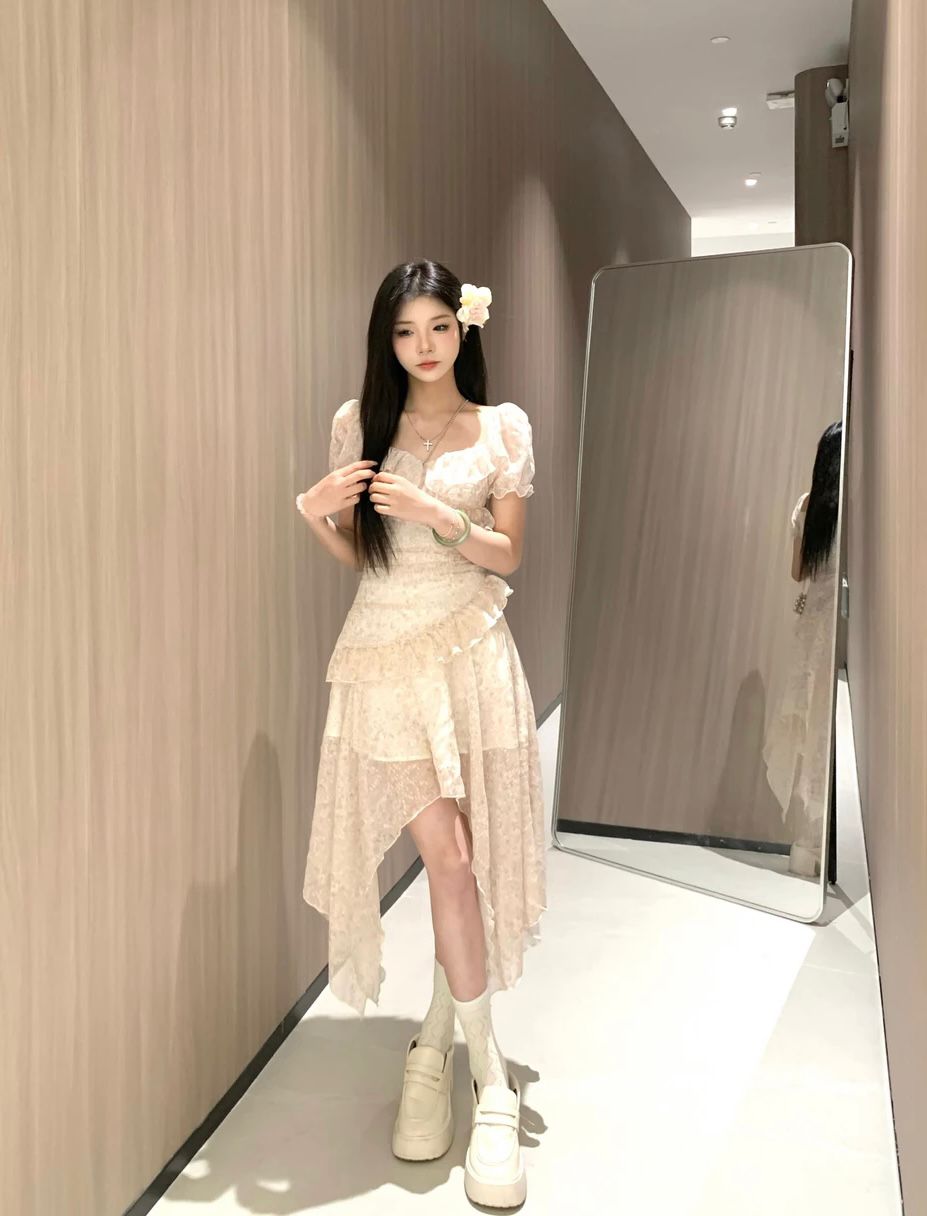 漫花甜茶短袖版」春季休閒時尚氣質修身顯瘦高腰碎花女裝連衣裙