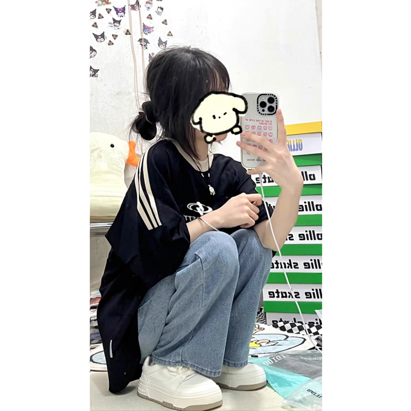 官圖  220克100%棉三條槓 2024年新款夏裝短袖T恤女