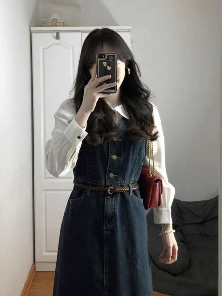 吊帶連衣裙套裝牛仔背心裙子女秋季小香風白色襯衫休閒兩件套上…