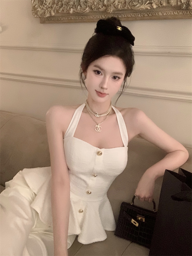 實拍 粗花呢掛脖辣妹上衣小香風吊帶抹胸+緞面闊腿休閒褲套裝