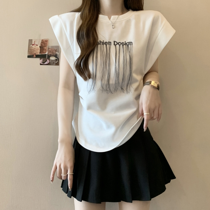 實拍  夏裝刺繡流蘇短袖T恤女飛飛袖坎肩背心