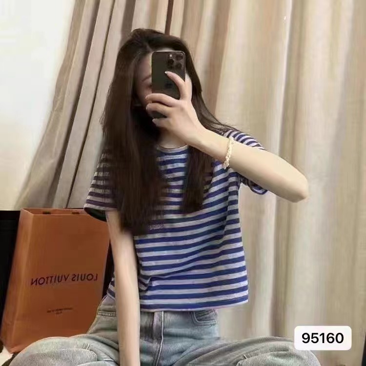 夏季新款復古港風圓領撞色條紋百搭短袖上衣女