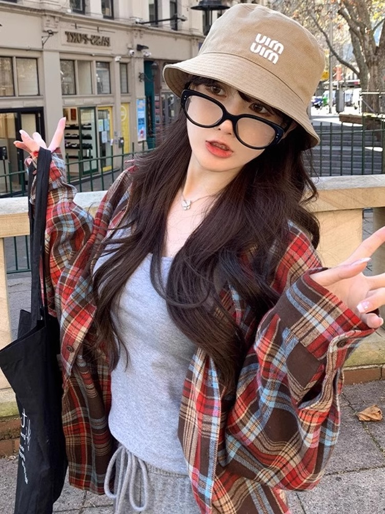 2024春季美拉德復古格子撞色長袖襯衫女寬鬆外穿設計感小眾外套