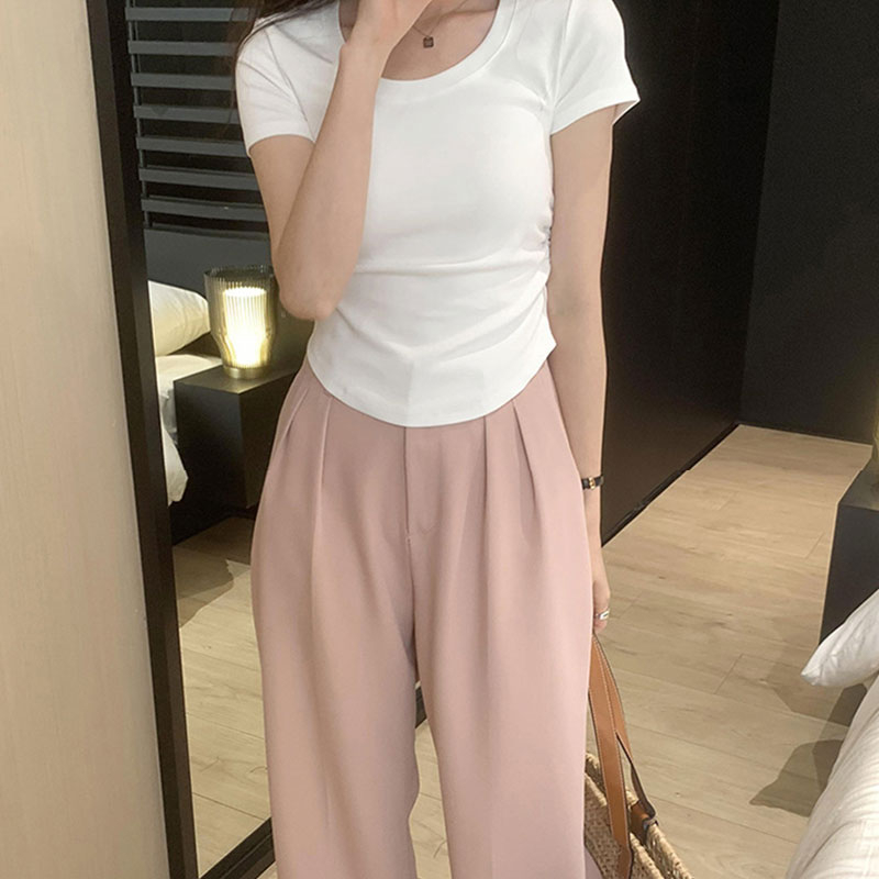 夏季設計感顯瘦小眾純欲風甜辣妹性感u領短袖t恤女不規則短款上衣