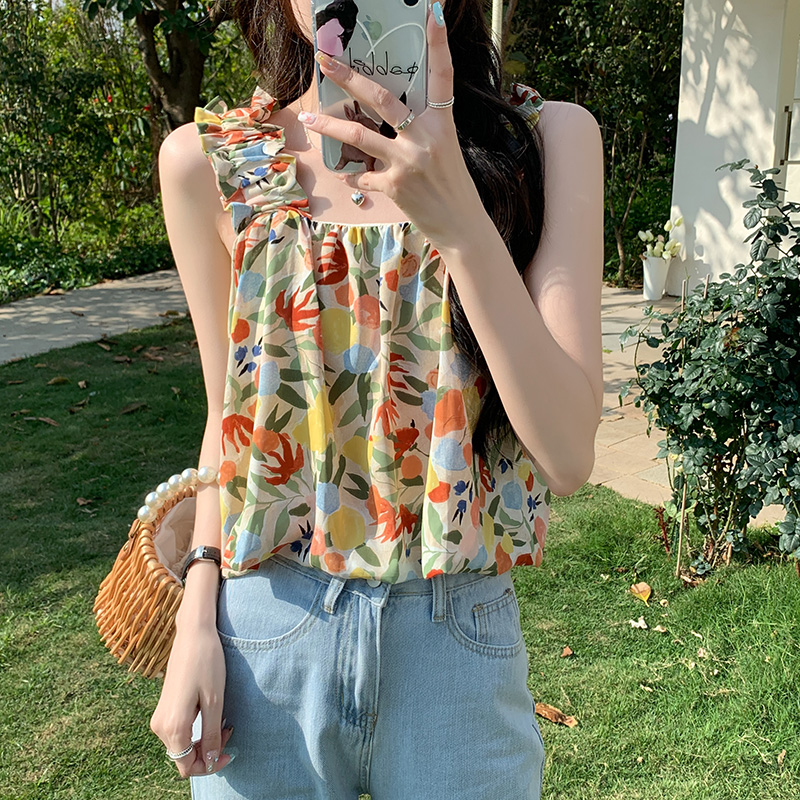實拍 雪紡衫碎花小吊帶背心女內搭外穿夏季短款無袖T恤上衣