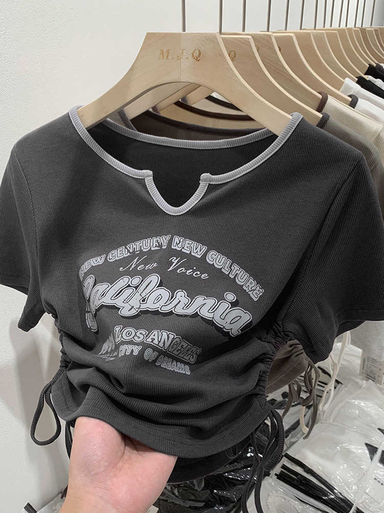 欲美式復古抽繩撞色V領短袖T恤女