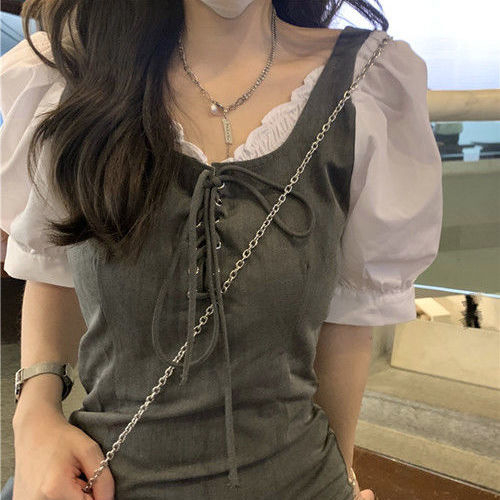 設計感小眾假兩件拼接泡泡袖連衣裙女夏季法式收腰顯瘦氣質短裙子