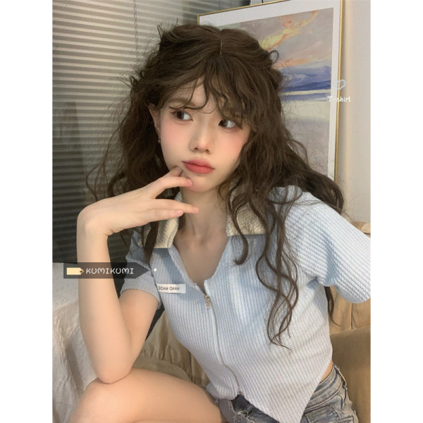 2024新款甜辣妹小眾拼接短款拉鏈上衣女修身露臍短袖設計感針織