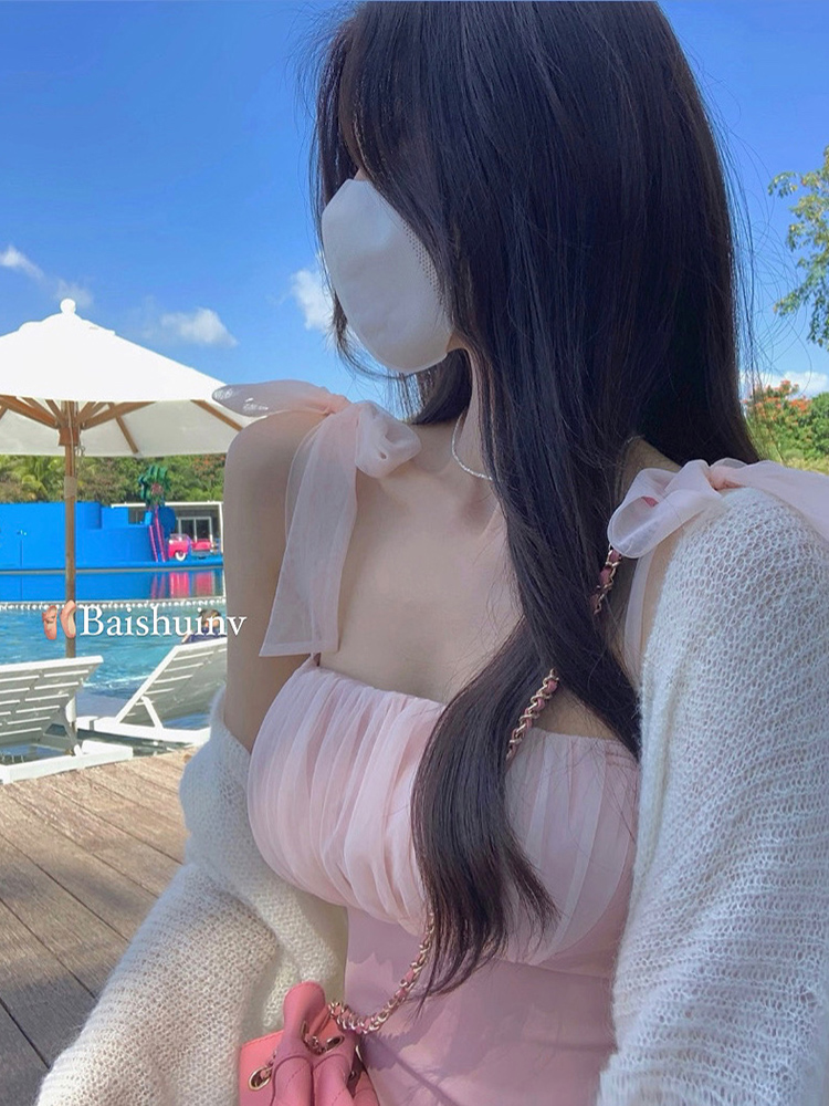 白水女芭蕾少女粉色網紗背心吊帶女春夏純欲內搭系帶無袖上衣