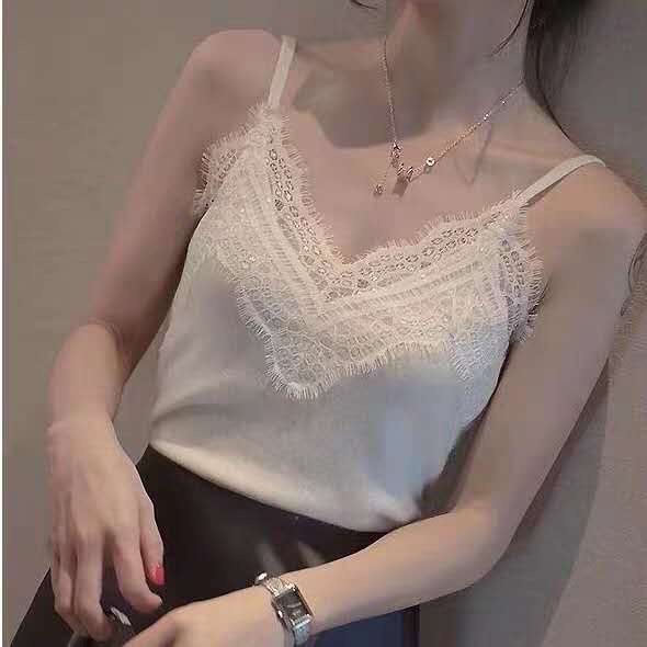 蕾絲花邊吊帶女性感睫毛邊露背花背心打底衫無袖上衣彈力冰絲針織