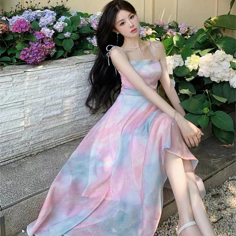 夏日絕美驚艷別致吊帶裙女2024新款高腰顯廋遮肚大擺連衣裙