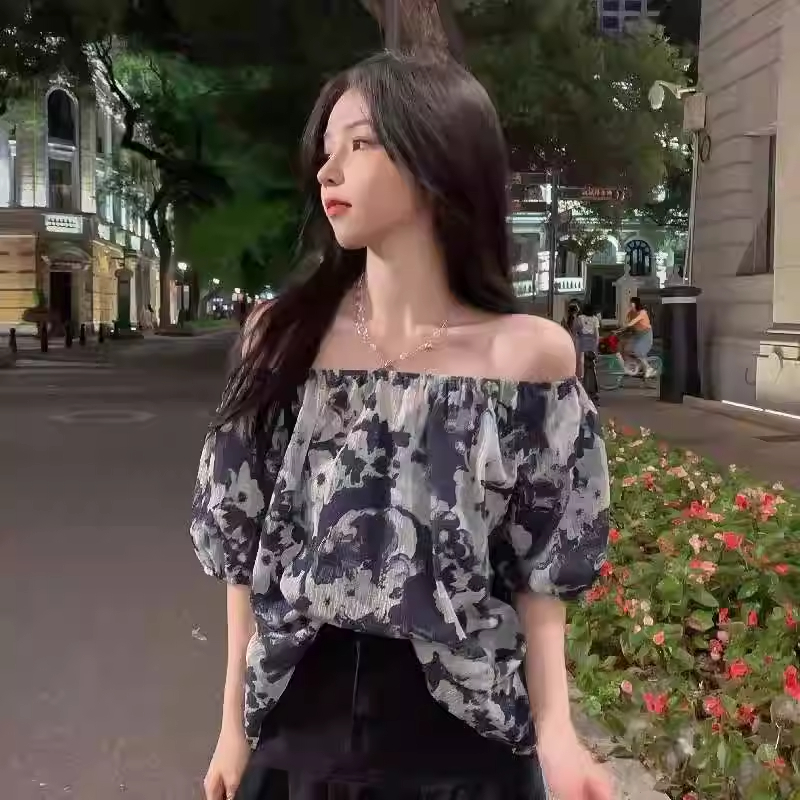 雪紡襯衫年夏季新款法式復古一字肩花ins潮設計感短袖T恤女潮