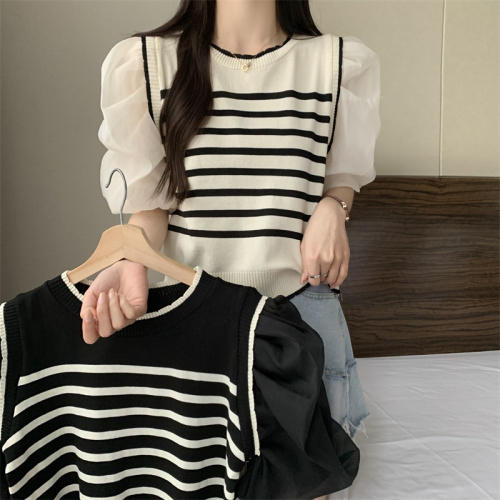 Real shot French fake two-piece knitted sweater spring and summer new style gentle stitching contrasting striped knitted top trendy