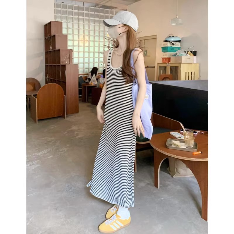 針織條紋吊帶連衣裙女夏裝新款慵懶寬鬆甜美風內搭長裙無袖背心裙