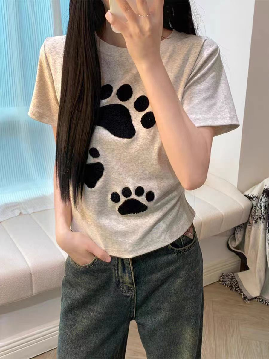 純棉 設計感小眾夏季新款T恤女韓版修身百搭繡花休閒短袖上衣潮