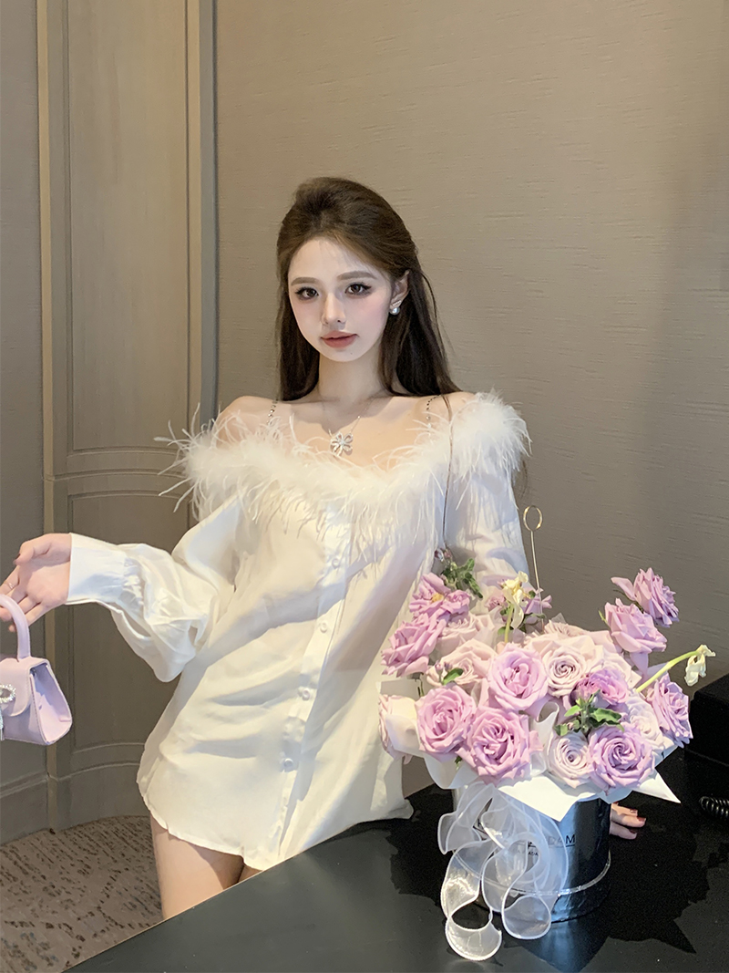 實拍！設計感小眾毛毛一字肩甜美襯衫法式洋氣襯衣女