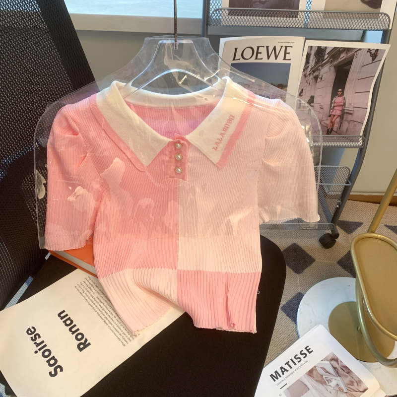 實拍新款POLO領撞色短款短袖針織套頭女法式溫柔風甜美顯瘦上衣