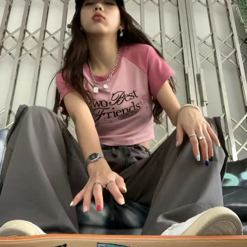 羅紋 拼色短袖t恤女夏季設計感小眾高腰修身辣妹BM