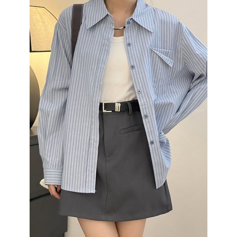 藍色條紋襯衫女2024春秋新款韓版寬鬆設計感小眾長袖上衣