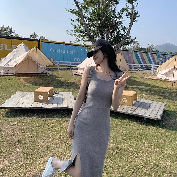 夏季2024年新款韓系針織連衣裙背心內搭外穿開叉吊帶打底裙女