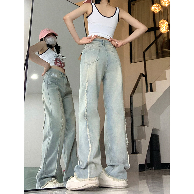 實拍美式黃泥藍牛仔褲女毛邊高腰顯瘦直筒褲寬鬆闊腿長褲