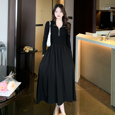 有口袋法式赫本風黑色長袖針織連衣裙子女高級感顯瘦長裙