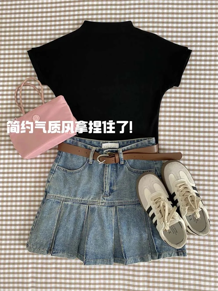 2024夏季復古百褶牛仔裙子顯瘦防走光短裙女小個子高腰A字半身裙
