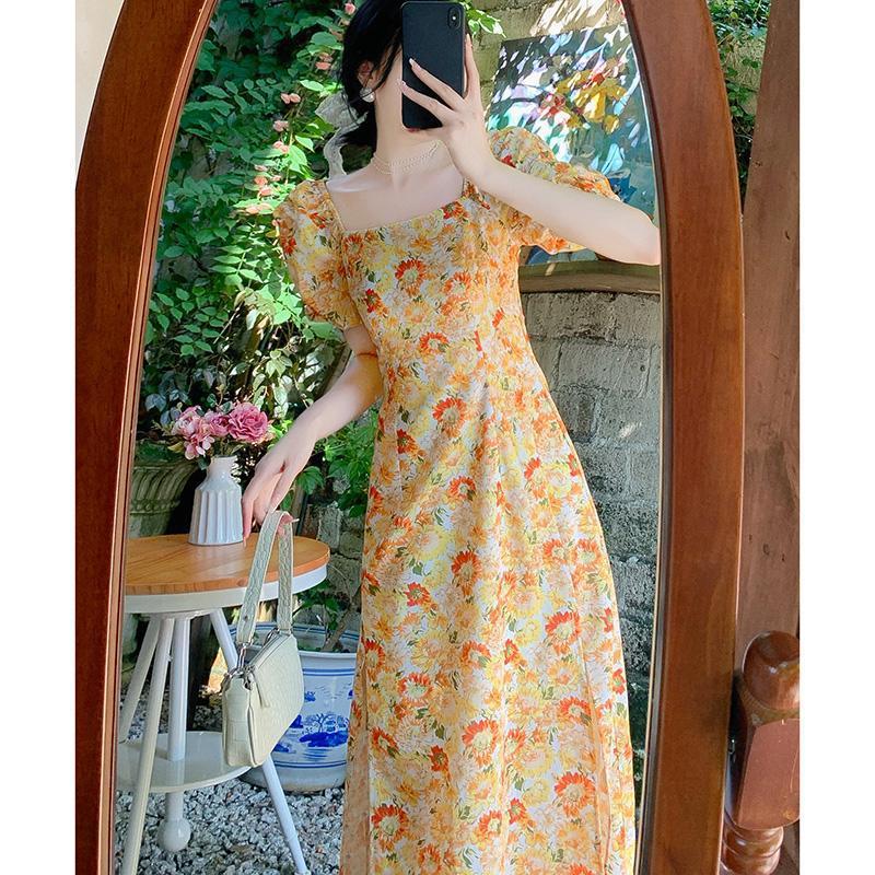 Tea break, beautiful slimming French Hepburn style casual British style socialite square collar yellow floral dress for women summer
